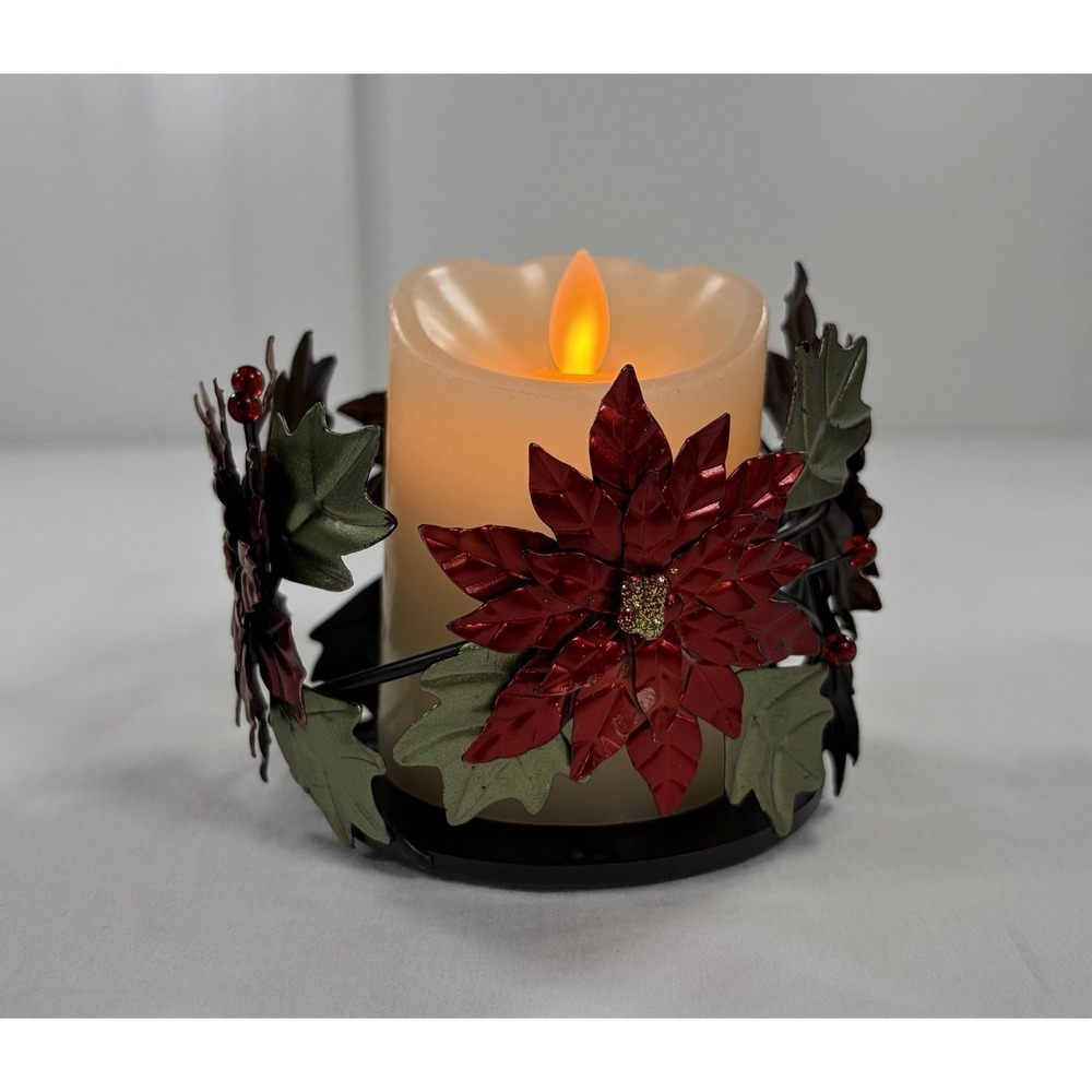 Sonoma Christmas Red Poinsettia Metal 3" Pillar Jar Candle‎ Ring Holder Decor